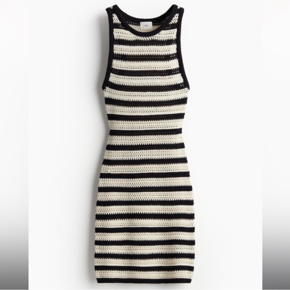 Chic H&M Striped Crochet Mini Dress in Black and Cream
